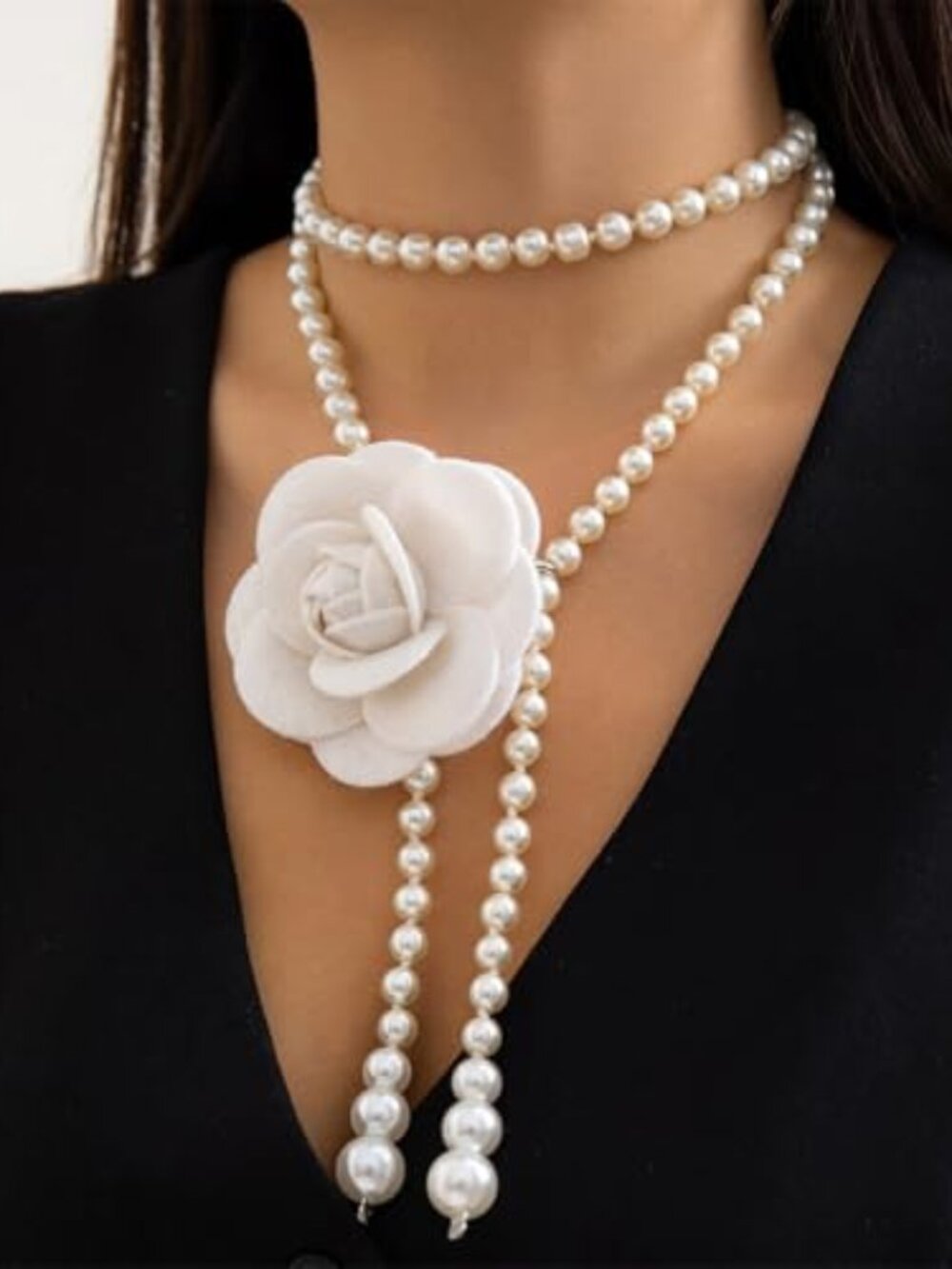new - Charm Large Flower Camellia Beaded Pearl Choker Necklaces Statement White